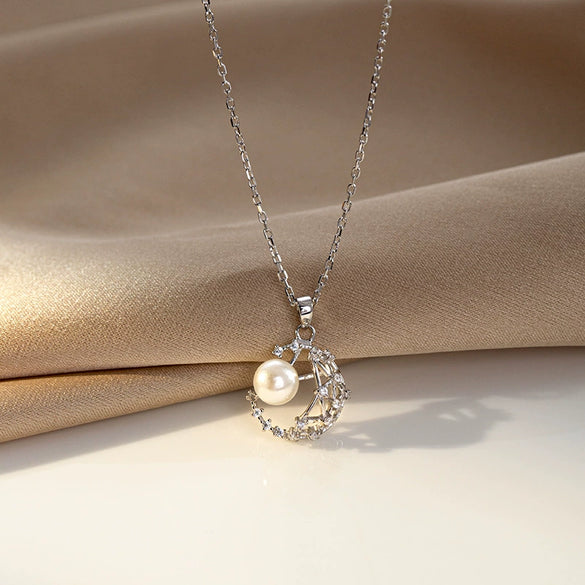 Women's Sterling Silver Crescent Moon Necklace With Synthetic Pearl And Zircon Hollow Pendant And Electroplated Cross Chain