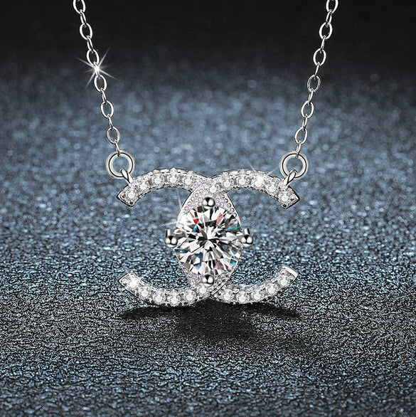 Women's Sterling Silver Cross Chain Necklace With Geometric Moissanite Pendant And Diamond Design
