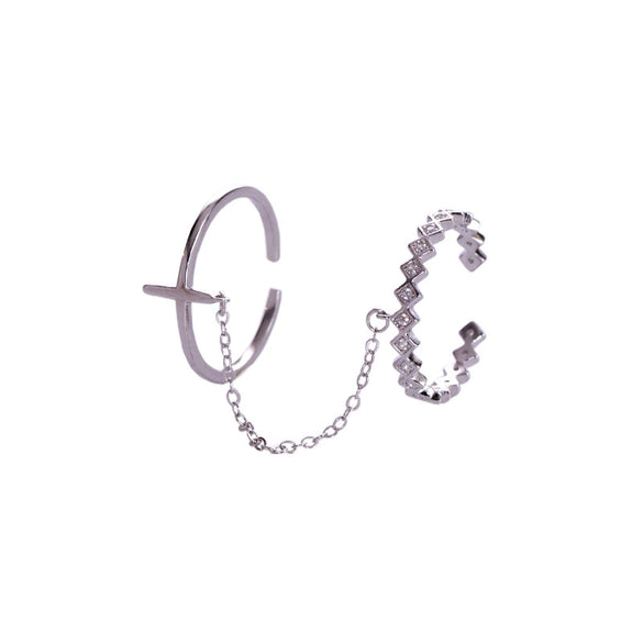 Women's Sterling Silver Cross Chain Open Ring With Electroplated Finish And Adjustable Statement Design