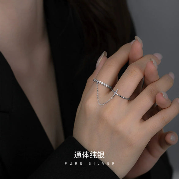 Women's Sterling Silver Cross Chain Open Ring With Electroplated Finish And Adjustable Statement Design