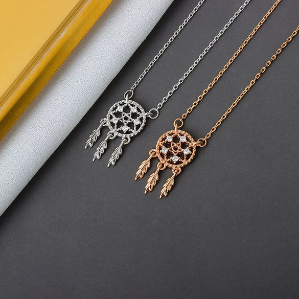 Women's 925 Sterling Silver Dream Catcher Necklace Geometric Pendant Cross Chain Electroplated Clavicle Chain Light Luxury Trendy Jewelry