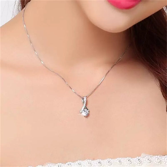 Women's Sterling Silver Drop Shape Pendant Necklace With Zircon And White Gold Plated Finish