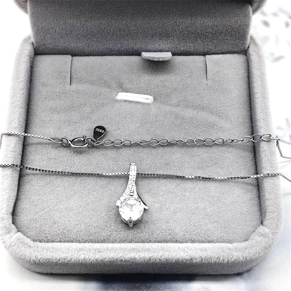 Women's Sterling Silver Drop Shape Pendant Necklace With Zircon And White Gold Plated Finish