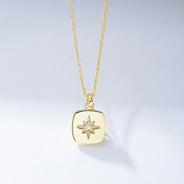 Women's Sterling Silver Eightpointed Star And Square Pendant Necklace With Diamond Design And Cross Chain Geometry Style