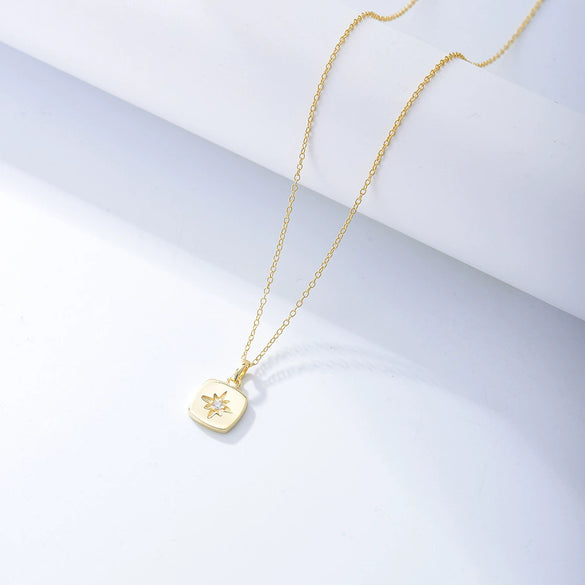 Women's Sterling Silver Eightpointed Star And Square Pendant Necklace With Diamond Design And Cross Chain Geometry Style