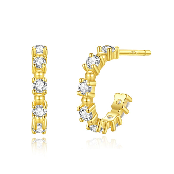 Women's 925 Sterling Silver Electroplated Cshaped Geometric Polka Dot Zircon Row Diamond Earrings