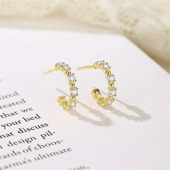 Women's 925 Sterling Silver Electroplated Cshaped Geometric Polka Dot Zircon Row Diamond Earrings