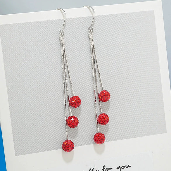 Women's 925 Sterling Silver Elegant Long Tassel Threader Earrings With Geometric Red Crystal Ball Drop Simple Fashion Jewelry
