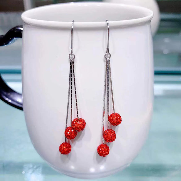 Women's 925 Sterling Silver Elegant Long Tassel Threader Earrings With Geometric Red Crystal Ball Drop Simple Fashion Jewelry