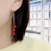 Women's 925 Sterling Silver Elegant Long Tassel Threader Earrings With Geometric Red Crystal Ball Drop Simple Fashion Jewelry
