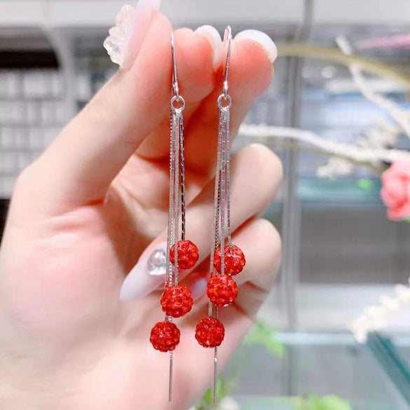 Women's 925 Sterling Silver Elegant Long Tassel Threader Earrings With Geometric Red Crystal Ball Drop Simple Fashion Jewelry