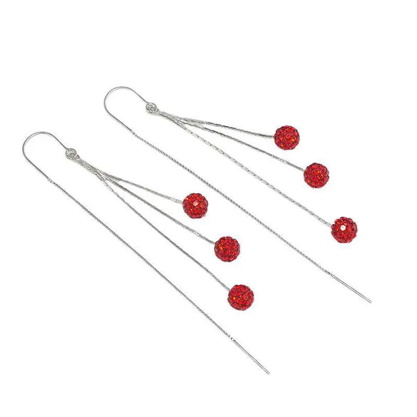 Women's 925 Sterling Silver Elegant Long Tassel Threader Earrings With Geometric Red Crystal Ball Drop Simple Fashion Jewelry