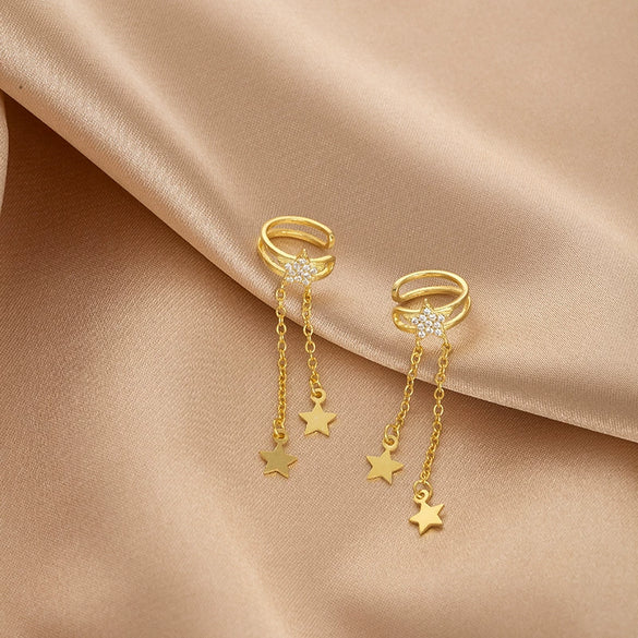 Women's Sterling Silver Five Pointed Star Tassel Clip On Earrings Long Electroplated Design For Non Pierced Ears