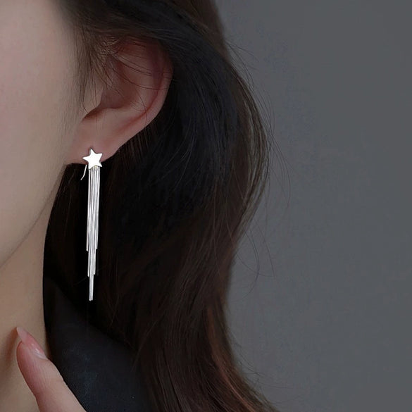 Women's 925 Sterling Silver Five Pointed Star Tassel Earrings Long Fashion Earrings With Elegant Slimming Silhouette