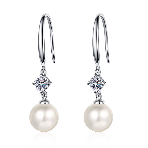 Women's 925 Sterling Silver Freshwater Pearl And Moissanite Drop Earrings Geometric Floral Four Prong Ear Hook Design