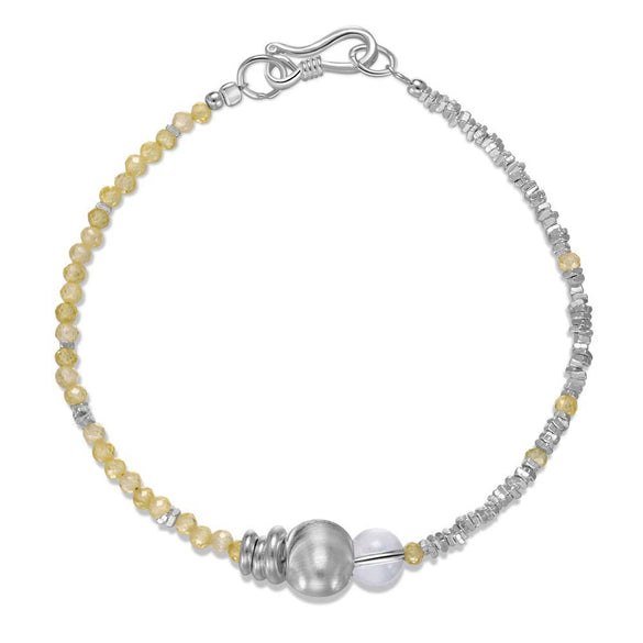 Women's 925 Sterling Silver Geometric Brushed Round Bead Bracelet With Yellow Crystal And Electroplating Design
