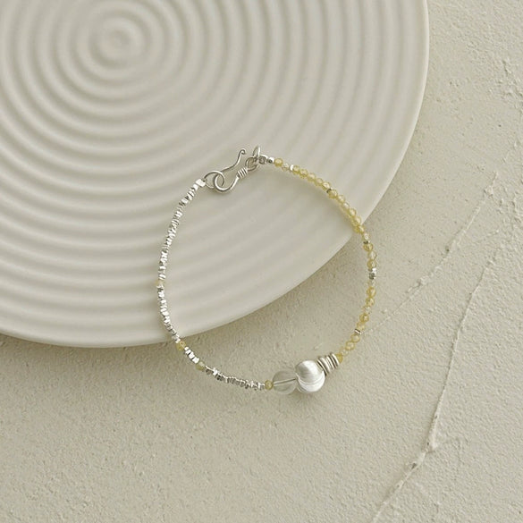 Women's 925 Sterling Silver Geometric Brushed Round Bead Bracelet With Yellow Crystal And Electroplating Design