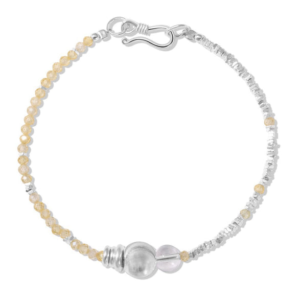 Women's 925 Sterling Silver Geometric Brushed Round Bead Bracelet With Yellow Crystal And Electroplating Design