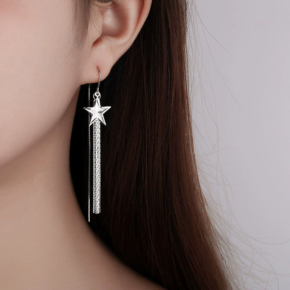 Women's 925 Sterling Silver Geometric Five Point Star Tassel Threader Earrings Light Luxury Fashion Long Ear Line Earrings