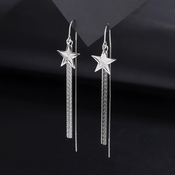 Women's 925 Sterling Silver Geometric Five Point Star Tassel Threader Earrings Light Luxury Fashion Long Ear Line Earrings