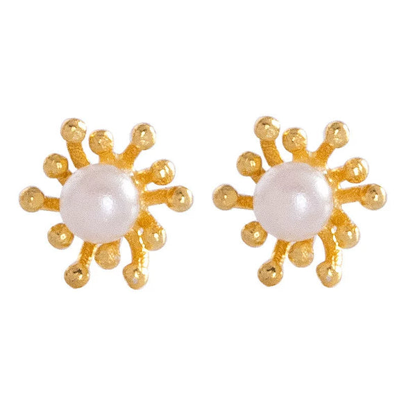 Women's Sterling Silver Geometric Flower Earrings With Pearl Detail And Electroplated Finish Minimalist Mini Jewelry