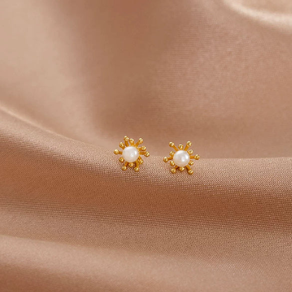 Women's Sterling Silver Geometric Flower Earrings With Pearl Detail And Electroplated Finish Minimalist Mini Jewelry