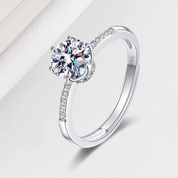 Women's 925 Sterling Silver Geometric Moissanite Ring With Six Claw Micro Inlay And Electroplated Adjustable Open Band