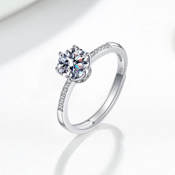 Women's 925 Sterling Silver Geometric Moissanite Ring With Six Claw Micro Inlay And Electroplated Adjustable Open Band
