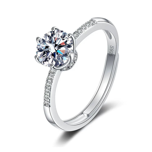 Women's 925 Sterling Silver Geometric Moissanite Ring With Six Claw Micro Inlay And Electroplated Adjustable Open Band