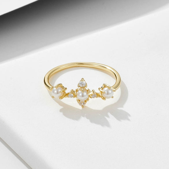 Women's Sterling Silver Geometric Pearl Set Crown Ring Hand Jewelry