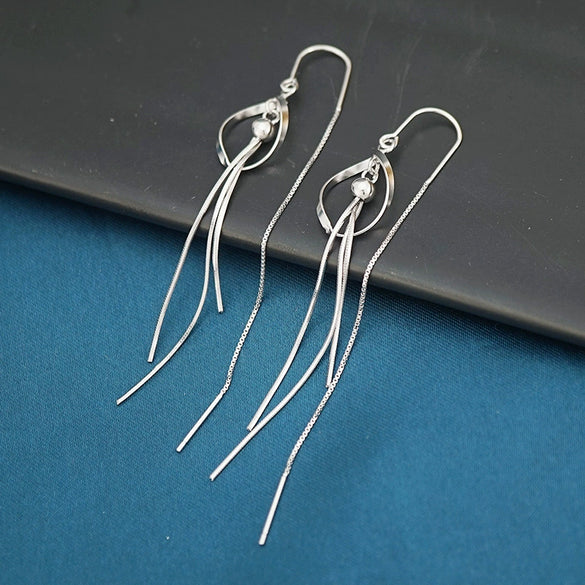 Women's Sterling Silver Geometric Rhombus Long Tassel Earrings Elegant Dangle Fashion Earrings