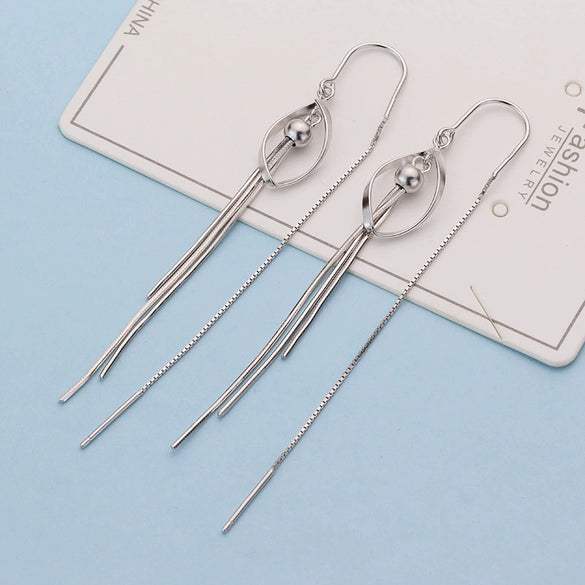 Women's Sterling Silver Geometric Rhombus Long Tassel Earrings Elegant Dangle Fashion Earrings