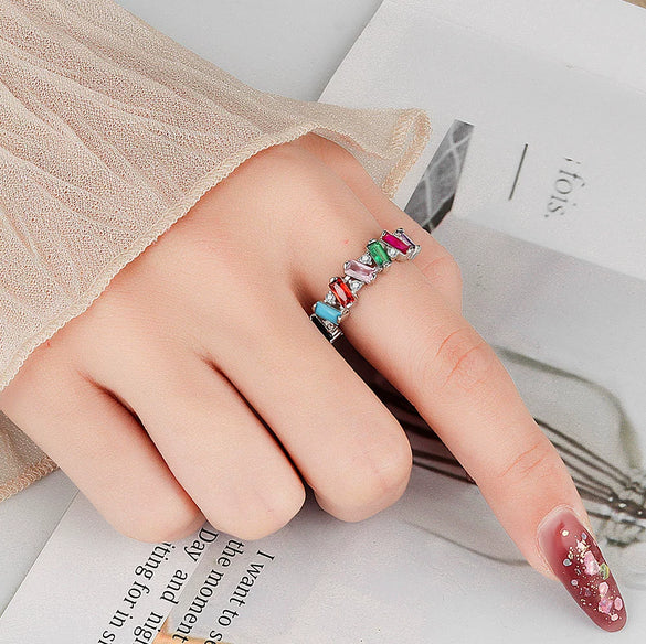 Women's Sterling Silver Geometric Ring With Colored Zircon Inlay Electroplated Fashion Jewelry