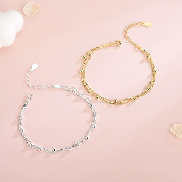 Women's 925 Sterling Silver Geometric Round Bead Layered Double Bracelet With Electroplated Finish