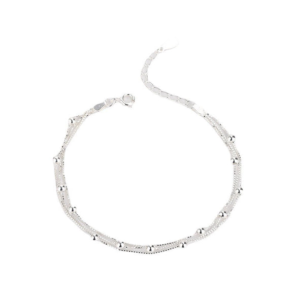 Women's 925 Sterling Silver Geometric Round Bead Layered Double Bracelet With Electroplated Finish