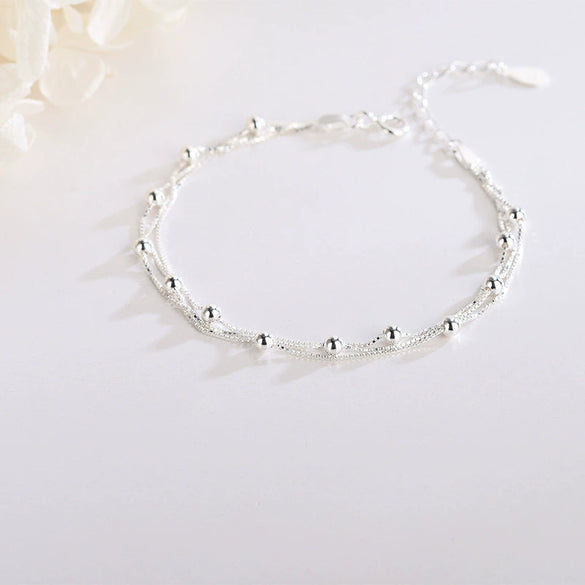 Women's 925 Sterling Silver Geometric Round Bead Layered Double Bracelet With Electroplated Finish