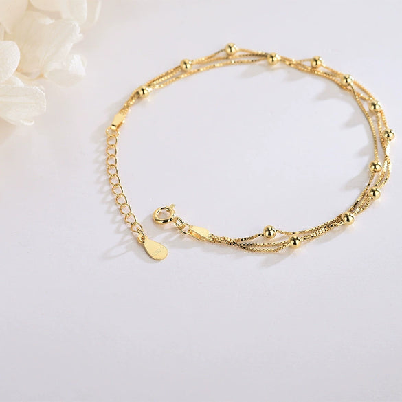 Women's 925 Sterling Silver Geometric Round Bead Layered Double Bracelet With Electroplated Finish