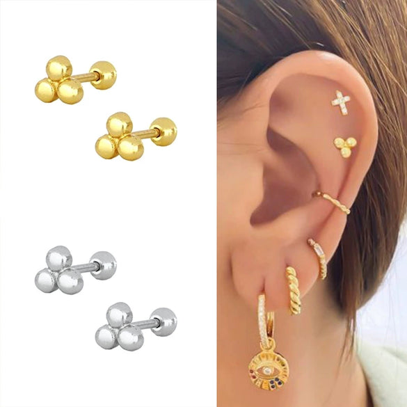 Women's 925 Sterling Silver Geometric Three Ball Spiral Cartilage Piercing Earrings With Electroplated Polished Finish