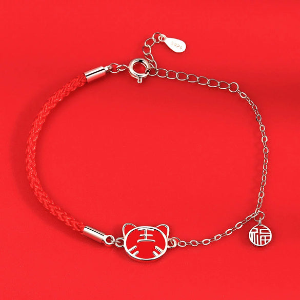 Women's 925 Sterling Silver Geometric Tiger Zodiac Red Rope Bracelet With Electroplated Color Changing Lucky Charm