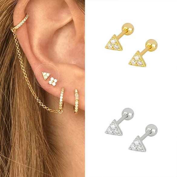 Women’s 925 Sterling Silver Geometric Triangle Screw Back Earrings Electroplated Simple Minimalist Threaded Stud Earrings