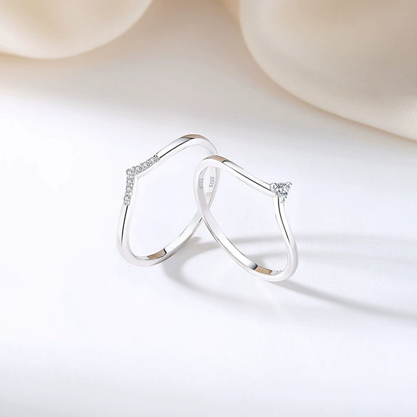 Women's 925 Sterling Silver Geometric Vshaped Electroplated Stacked Ring