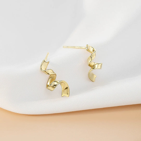 Women's Sterling Silver Gold Plated Geometric Ribbon Earrings With Elegant Light Luxury Design