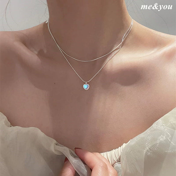 Women's Sterling Silver Heart Pendant Double Layer Necklace Electroplated Clavicle Chain Fashion Jewelry