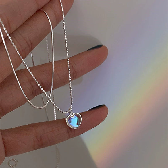 Women's Sterling Silver Heart Pendant Double Layer Necklace Electroplated Clavicle Chain Fashion Jewelry