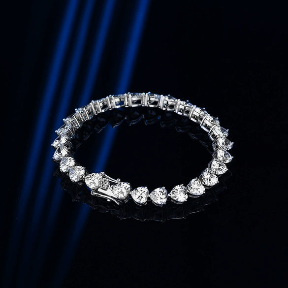 Women's Sterling Silver Heart Shaped Love Bracelet With Geometric Design And Single Row Sparkling Stone Chain Electroplated Finish