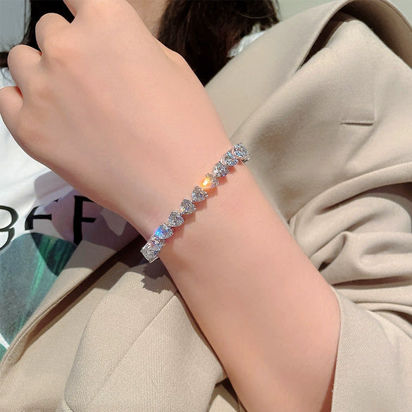 Women's Sterling Silver Heart Shaped Love Bracelet With Geometric Design And Single Row Sparkling Stone Chain Electroplated Finish