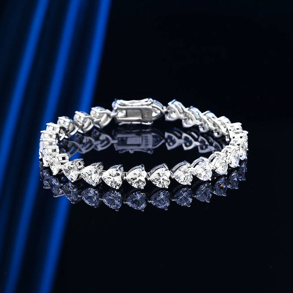 Women's Sterling Silver Heart Shaped Love Bracelet With Geometric Design And Single Row Sparkling Stone Chain Electroplated Finish