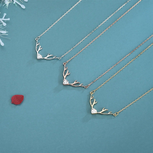 Women's Sterling Silver Heartshaped Zircon Antler Deer Pendant Necklace With Electroplated Cross Chain