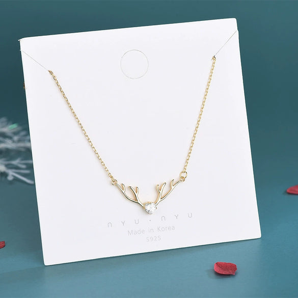 Women's Sterling Silver Heartshaped Zircon Antler Deer Pendant Necklace With Electroplated Cross Chain