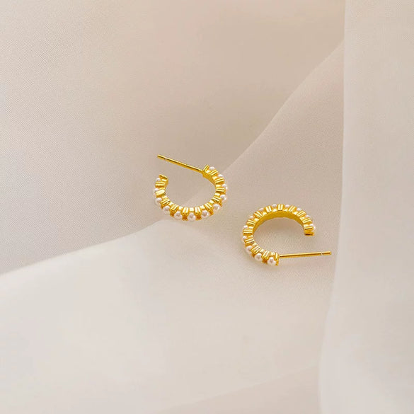Women's Sterling Silver Imitation Pearl Earrings Geometric Ushape Semicircle Design Electroplated Retro Style